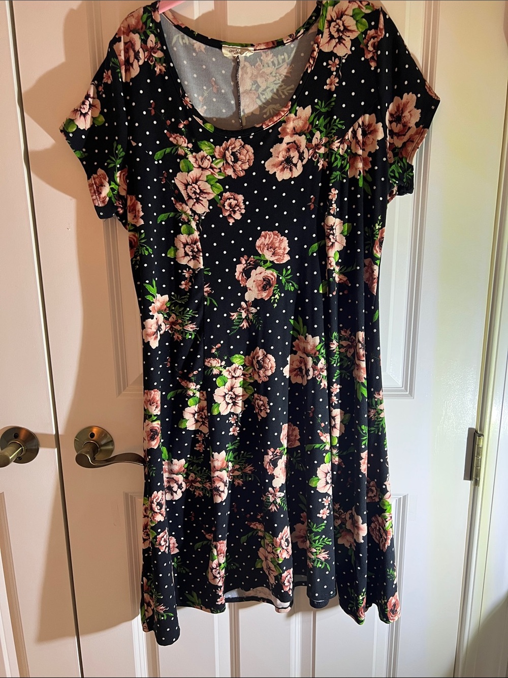 Black and Floral dress short-sleeve A-line scoop neckline and a flared bottom 1X